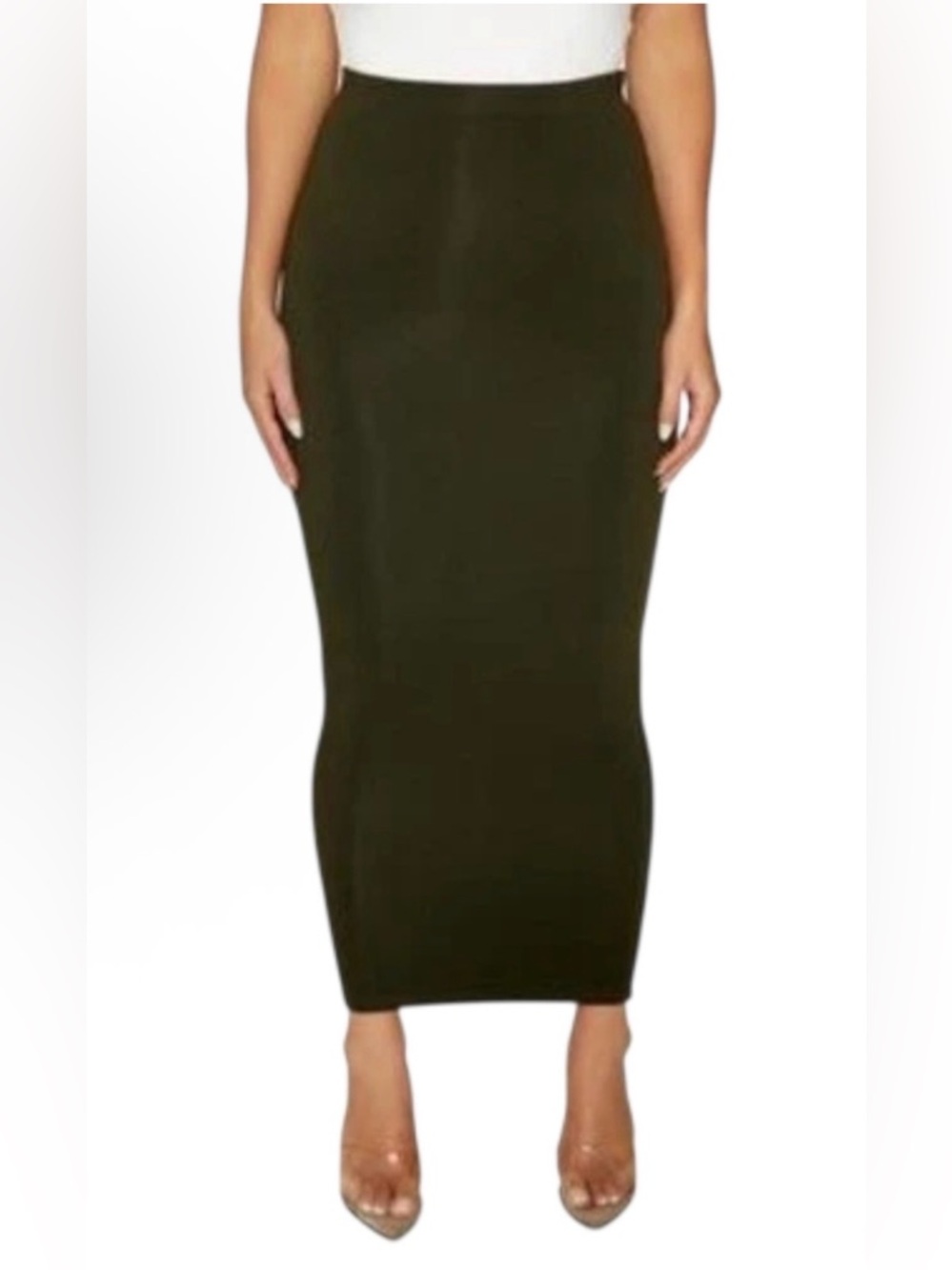 Naked Wardrobe High-Waist Olive Green Bodycon Midi Skirt Size Small